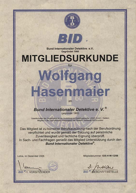 Mitgliedsurkunde BID