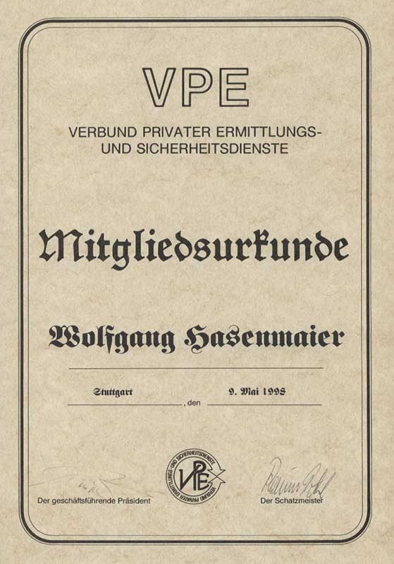 Mitgliedsurkunde VPE