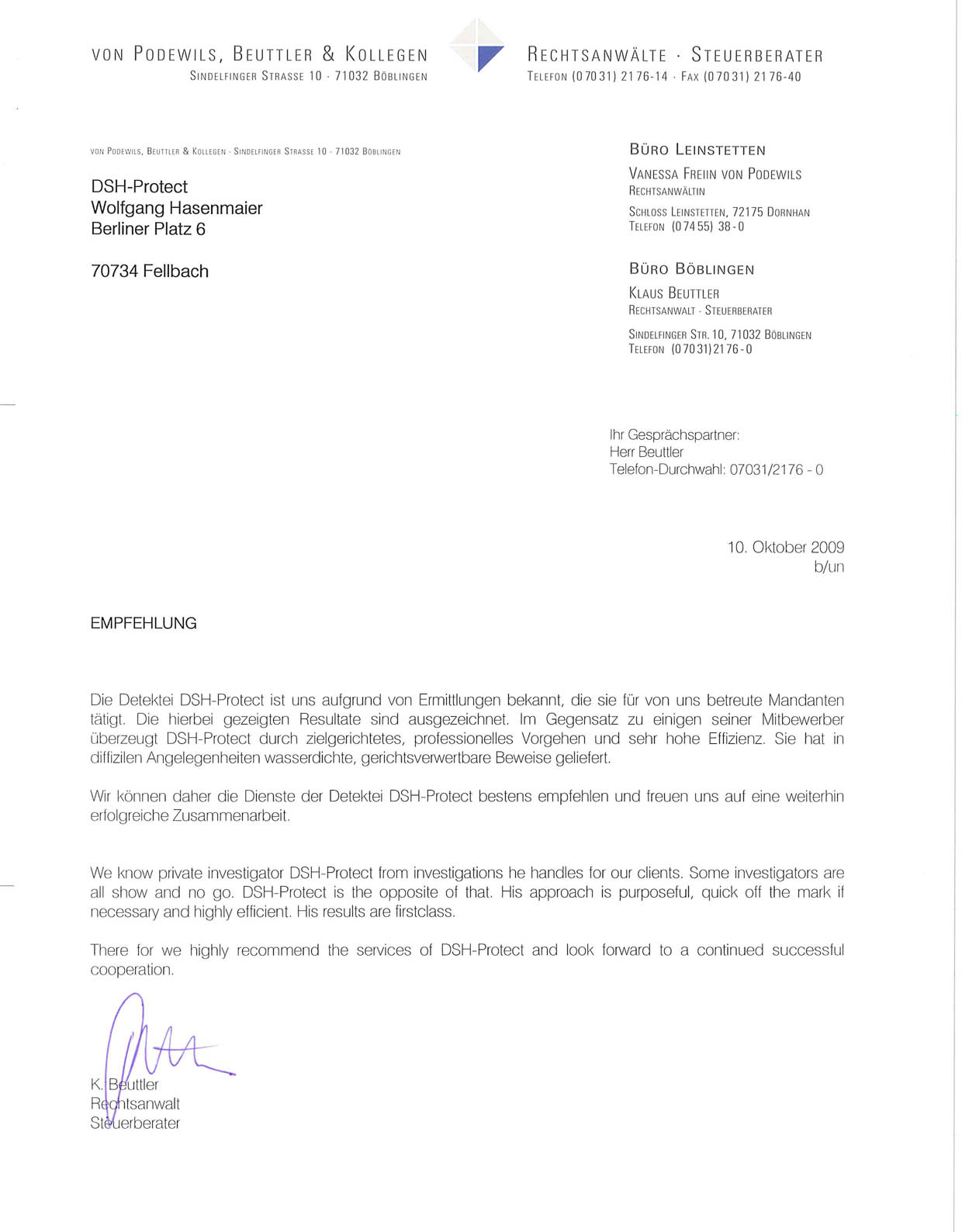 Empfehlung Podewils, Beuttler & Kollegen